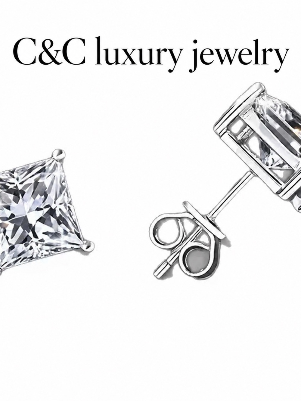 C&C Luxury Jewelry Silver Moissanite Stud Earrings - Clear